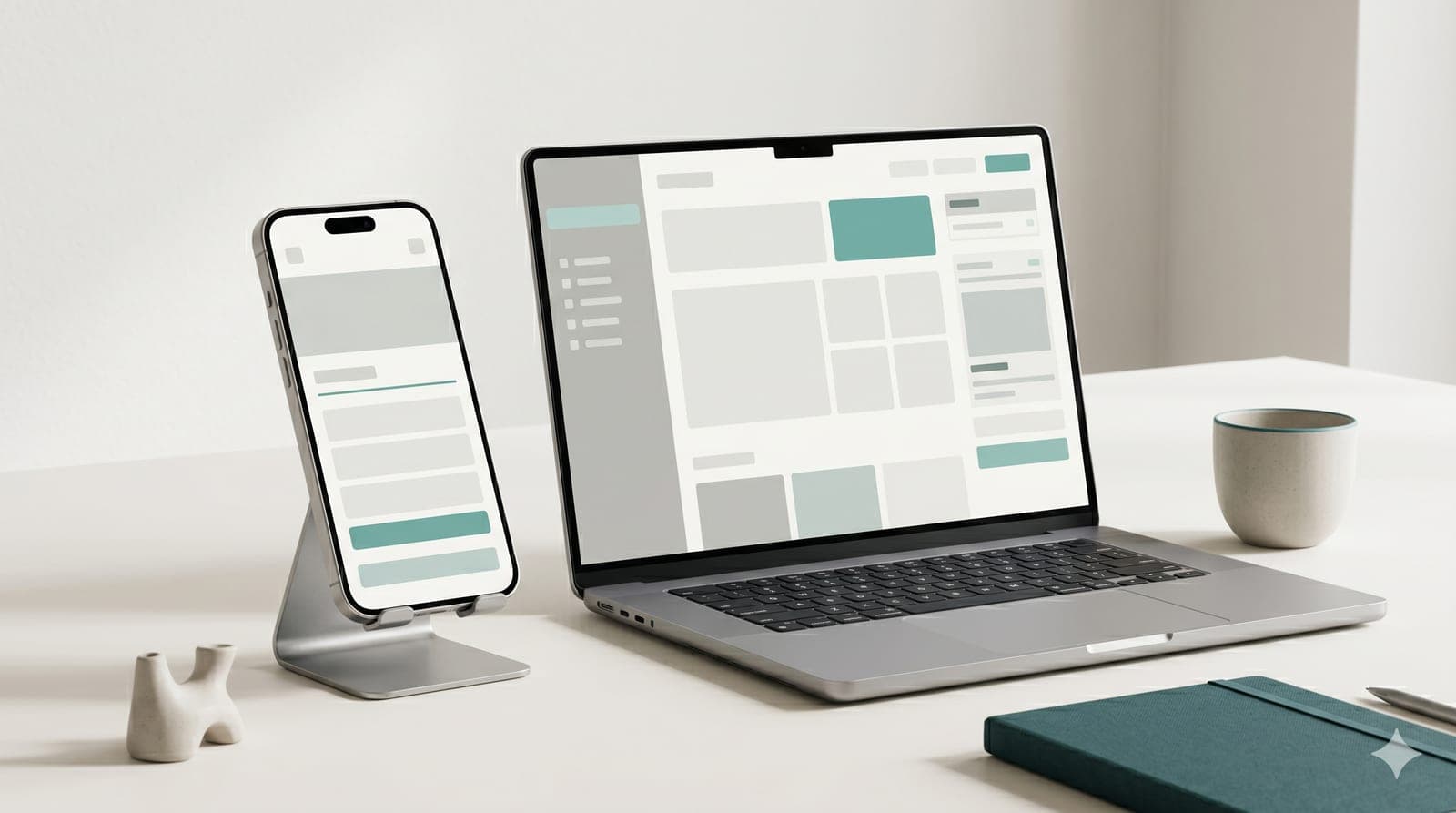 Laptop mit Web-App-Dashboard und Smartphone mit mobiler App-Ansicht – App-Entwicklung für Unternehmen