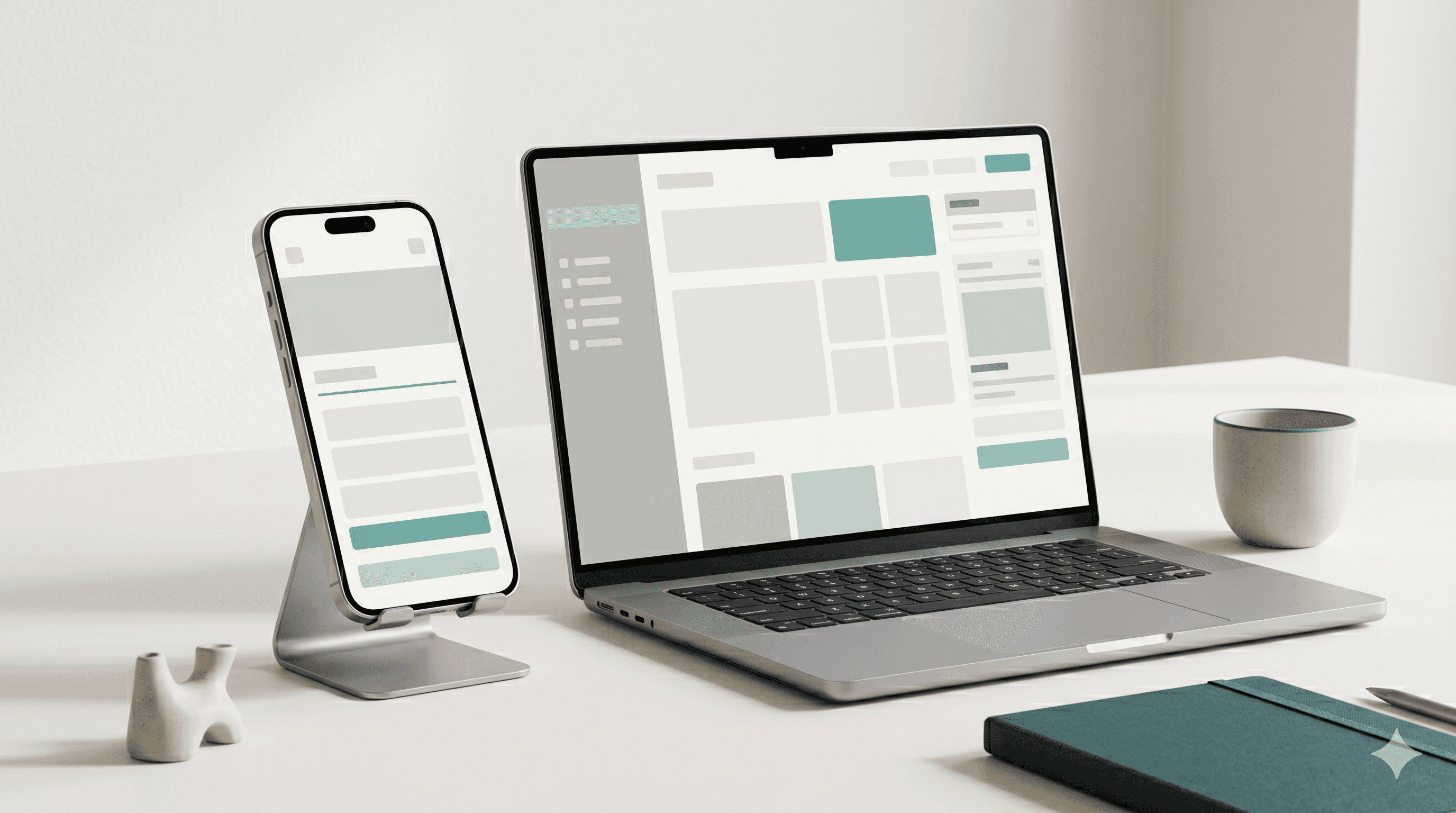 Laptop mit Web-App-Dashboard und Smartphone mit mobiler App-Ansicht – App-Entwicklung für Unternehmen