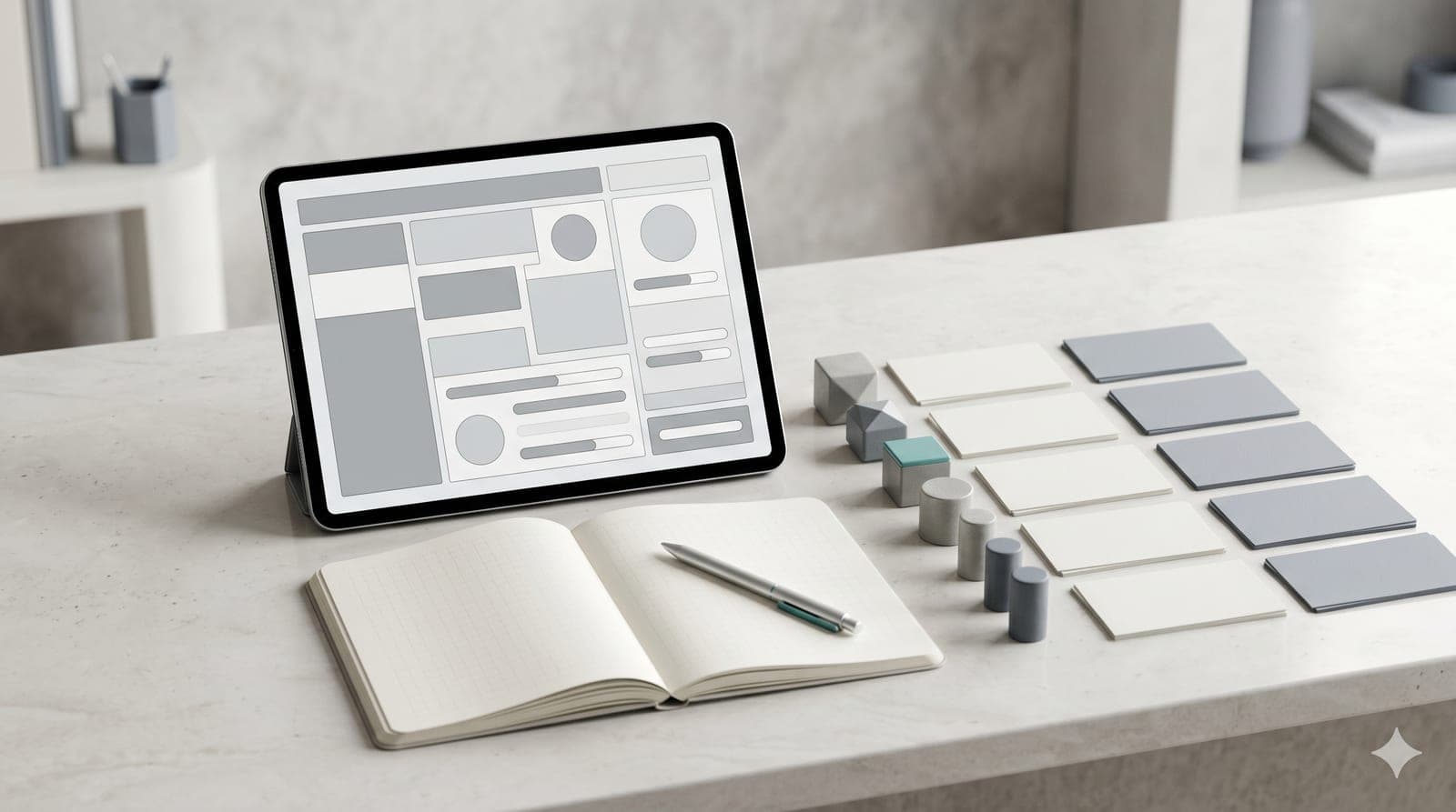 Tablet mit Wireframe-Konzept und Branding-Materialien auf einem Tisch – Digitalisierungsstrategie für den Mittelstand