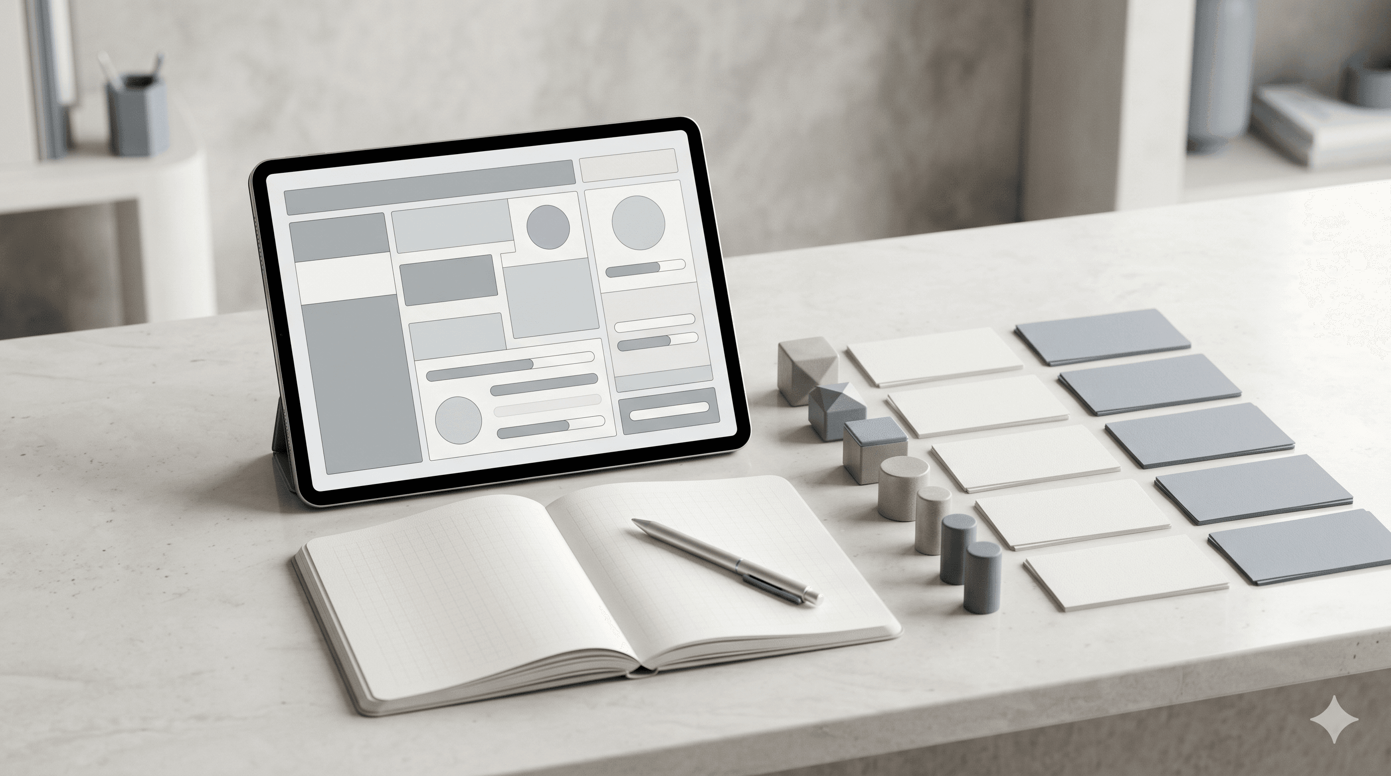 Tablet mit Wireframe-Konzept und Branding-Materialien auf einem Tisch – Digitalisierungsstrategie für den Mittelstand